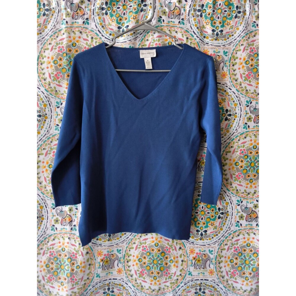 Sarah Arizona Sweater Crew Neck Women's MED Blue 3/4 Sleeve Rayon Cropped USA